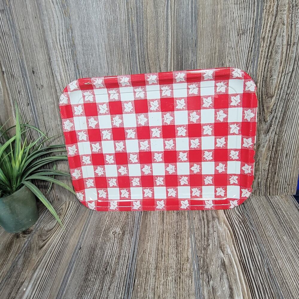 Vintage Gingham & Leaf Tray, Red White Checked, Lap TV Tray, Country Decor